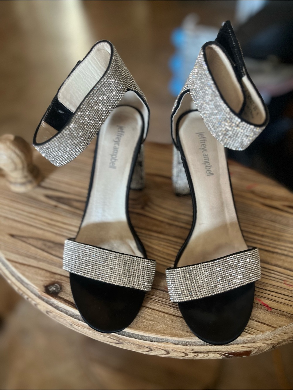 Jeffrey Campbell Black Heeled Sandals with Silver Crystal Straps